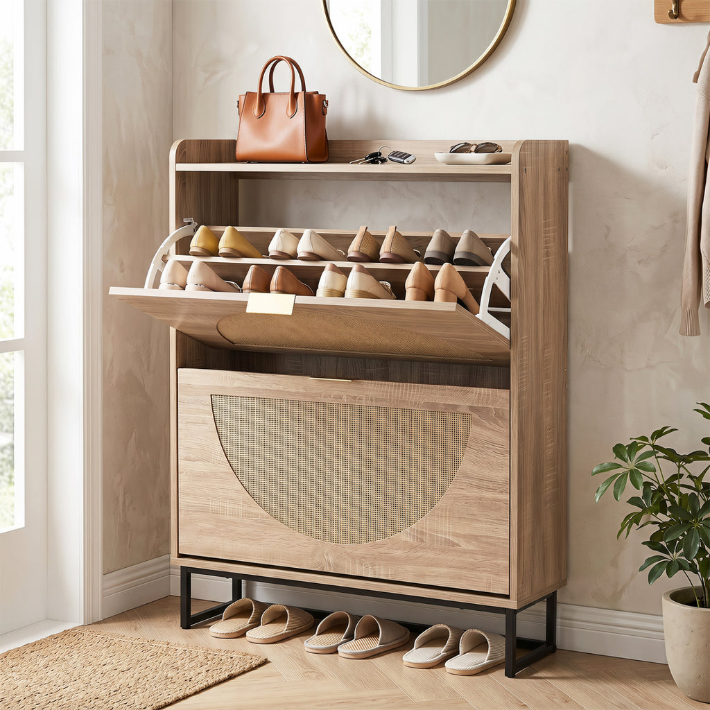 Narrow Shoe Storage Cabinet with Flip Drawers & Adjustable Shelves - Natural