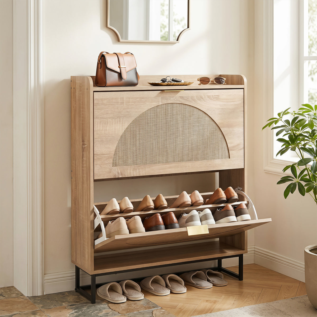 Narrow Shoe Storage Cabinet with Flip Drawers & Adjustable Shelves - Natural