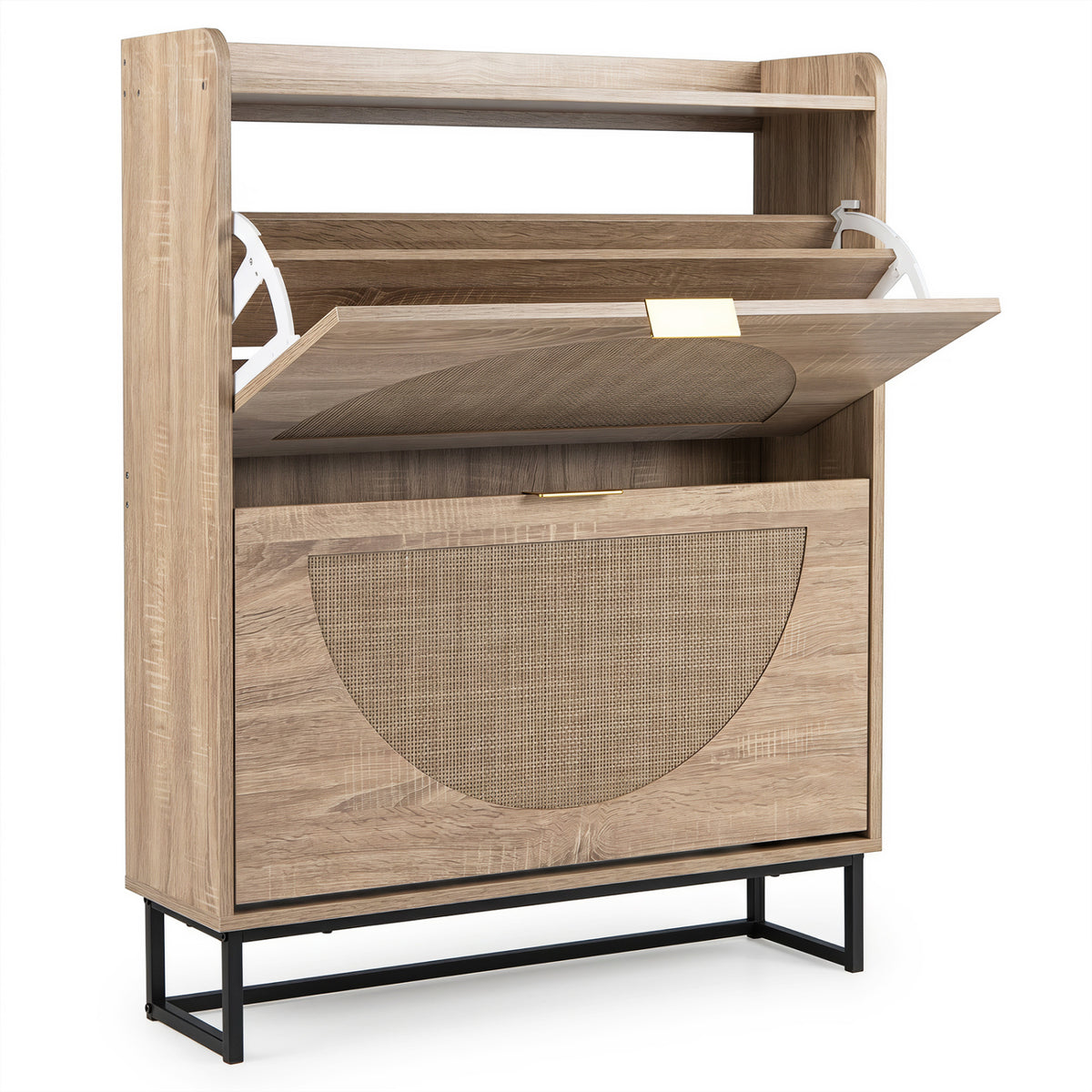 Narrow Shoe Storage Cabinet with Flip Drawers & Adjustable Shelves - Natural