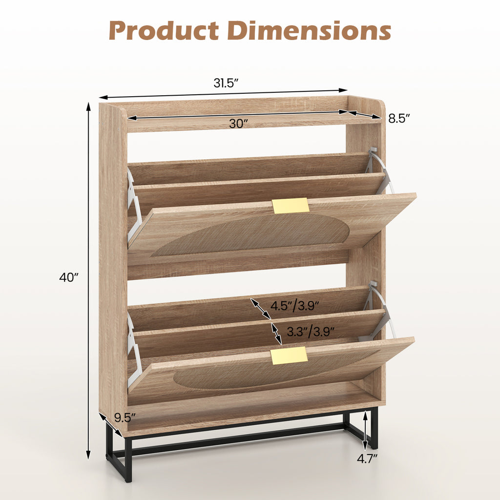 Narrow Shoe Storage Cabinet with Flip Drawers & Adjustable Shelves - Natural