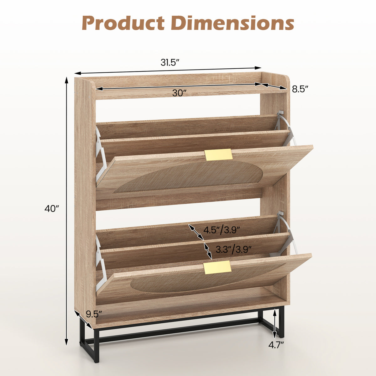 Narrow Shoe Storage Cabinet with Flip Drawers & Adjustable Shelves - Natural