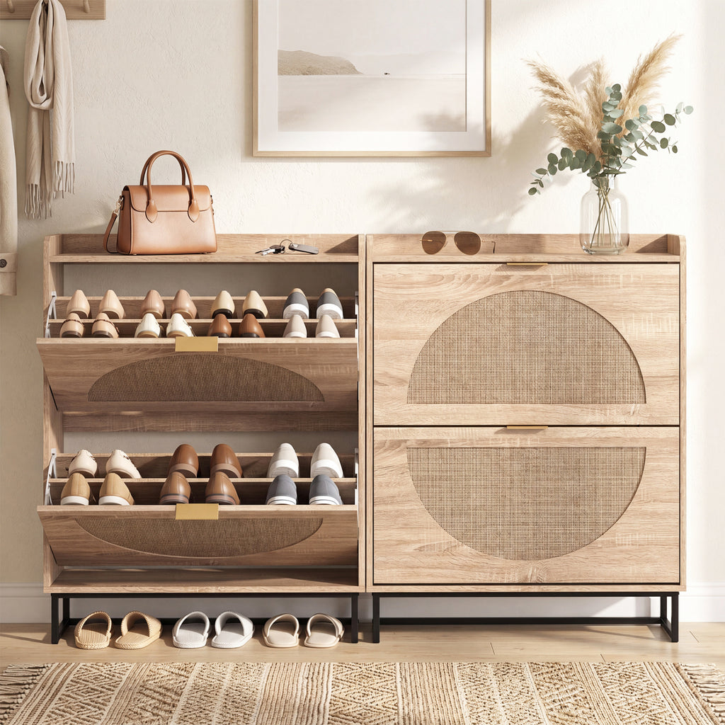 Narrow Shoe Storage Cabinet with Flip Drawers & Adjustable Shelves - Natural