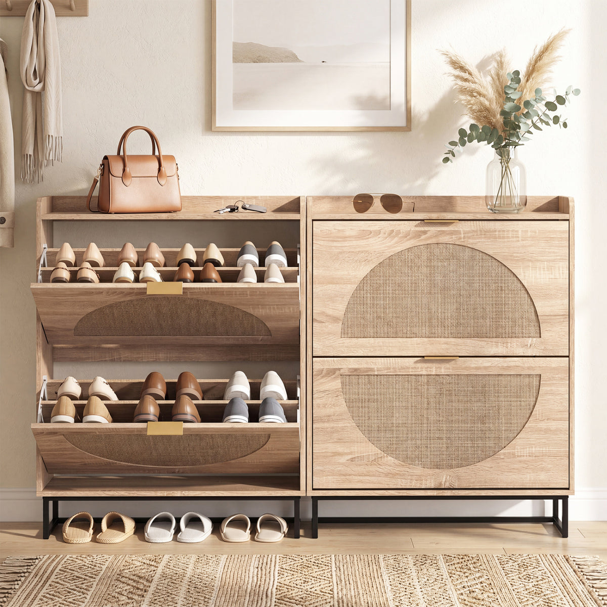 Narrow Shoe Storage Cabinet with Flip Drawers & Adjustable Shelves - Natural