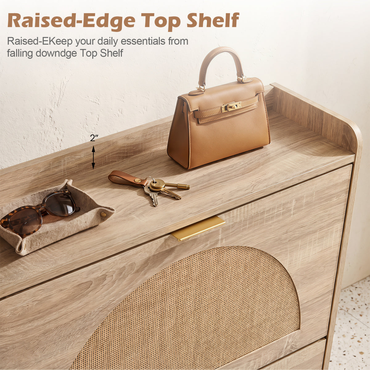 Narrow Shoe Storage Cabinet with Flip Drawers & Adjustable Shelves - Natural