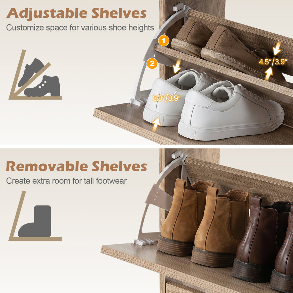 Narrow Shoe Storage Cabinet with Flip Drawers & Adjustable Shelves - Natural