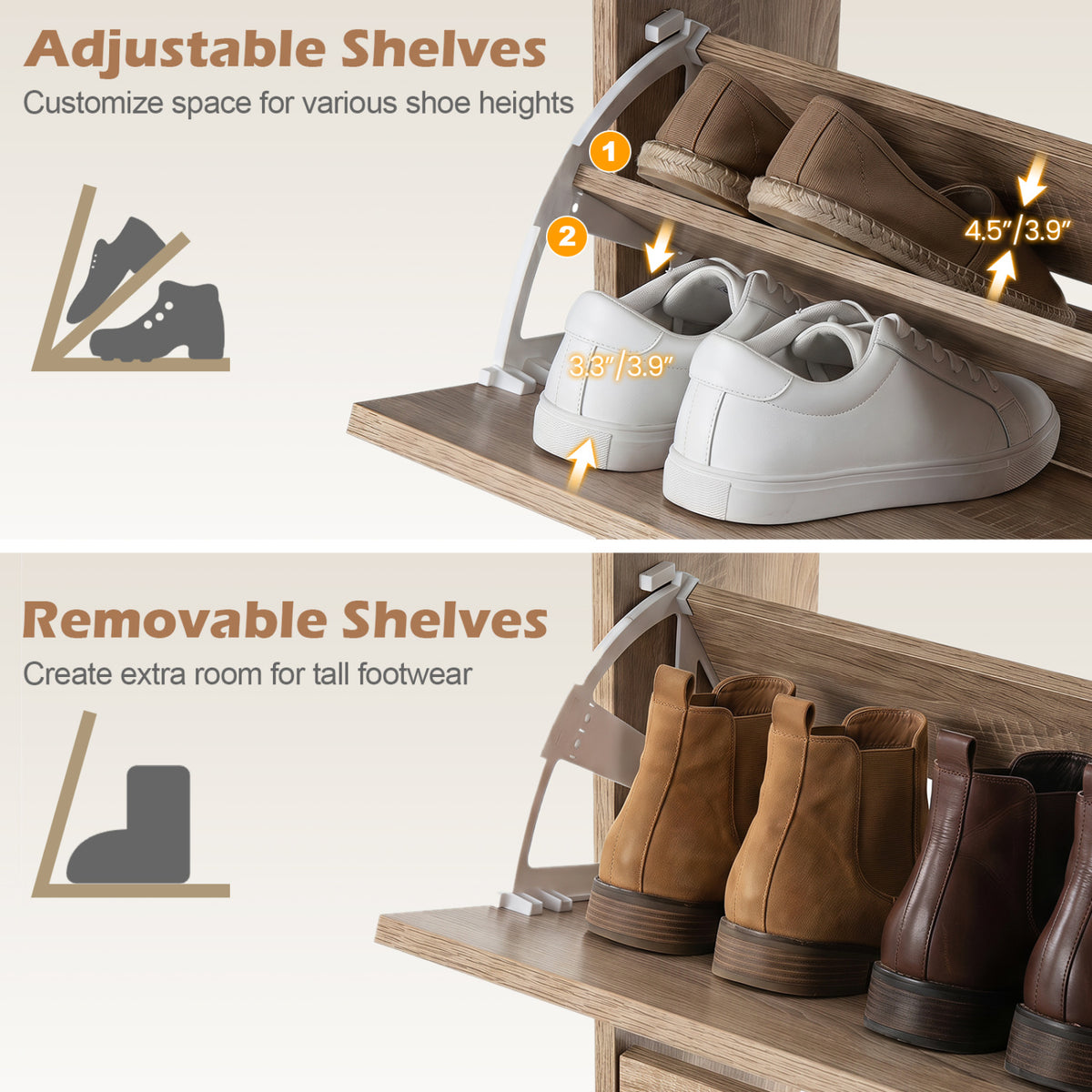 Narrow Shoe Storage Cabinet with Flip Drawers & Adjustable Shelves - Natural