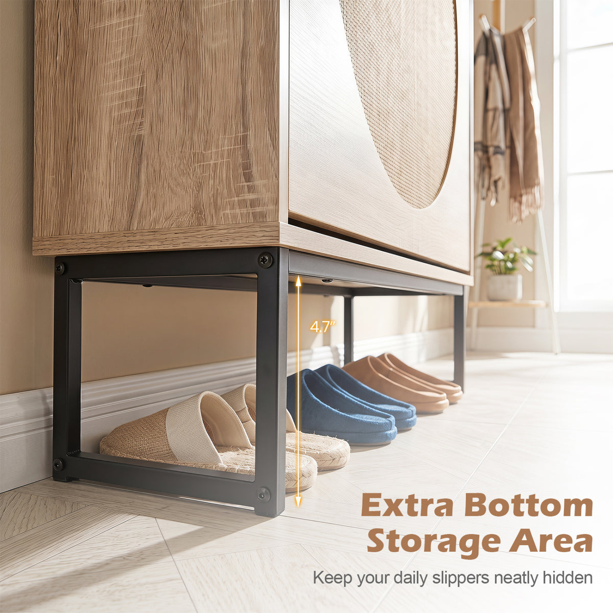 Narrow Shoe Storage Cabinet with Flip Drawers & Adjustable Shelves - Natural