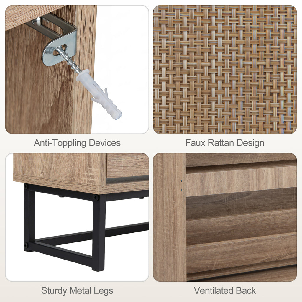 Narrow Shoe Storage Cabinet with Flip Drawers & Adjustable Shelves - Natural