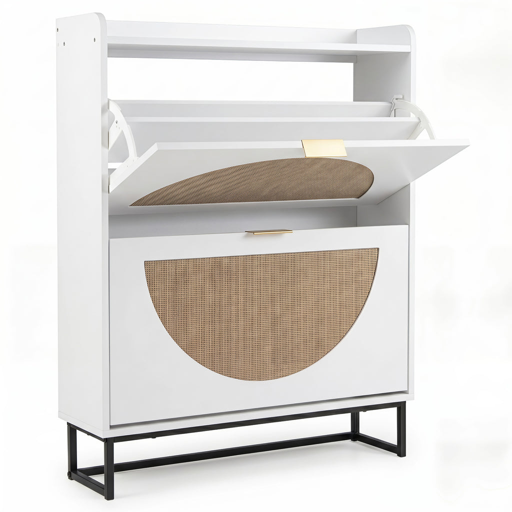 Narrow Shoe Storage Cabinet with Flip Drawers & Adjustable Shelves - Natural