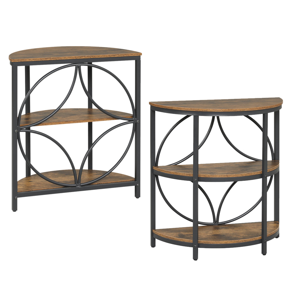 Set of 2 Narrow Side Tables with Metal Frame and Storage Shelves - Rustic Brown