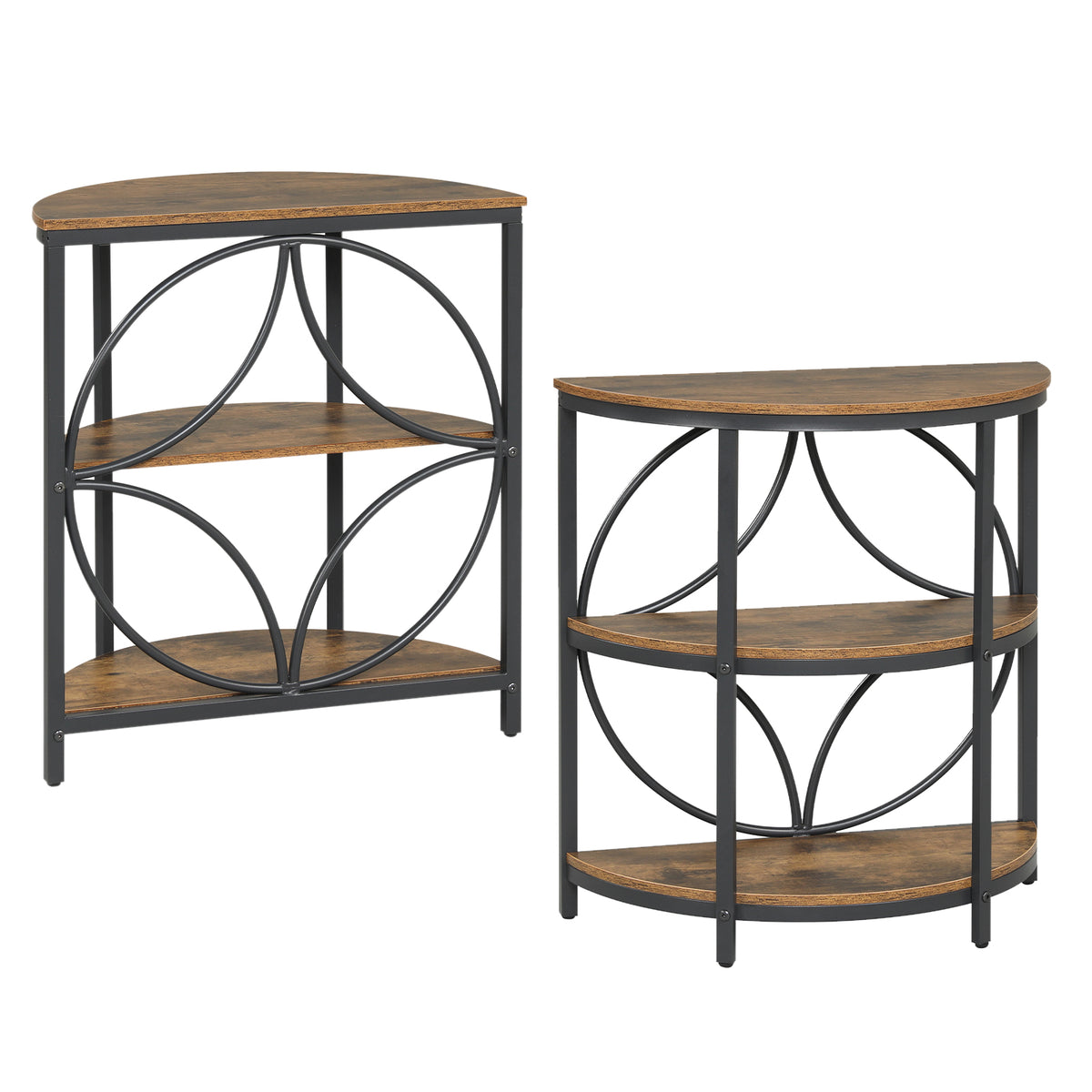 Set of 2 Narrow Side Tables with Metal Frame and Storage Shelves - Rustic Brown