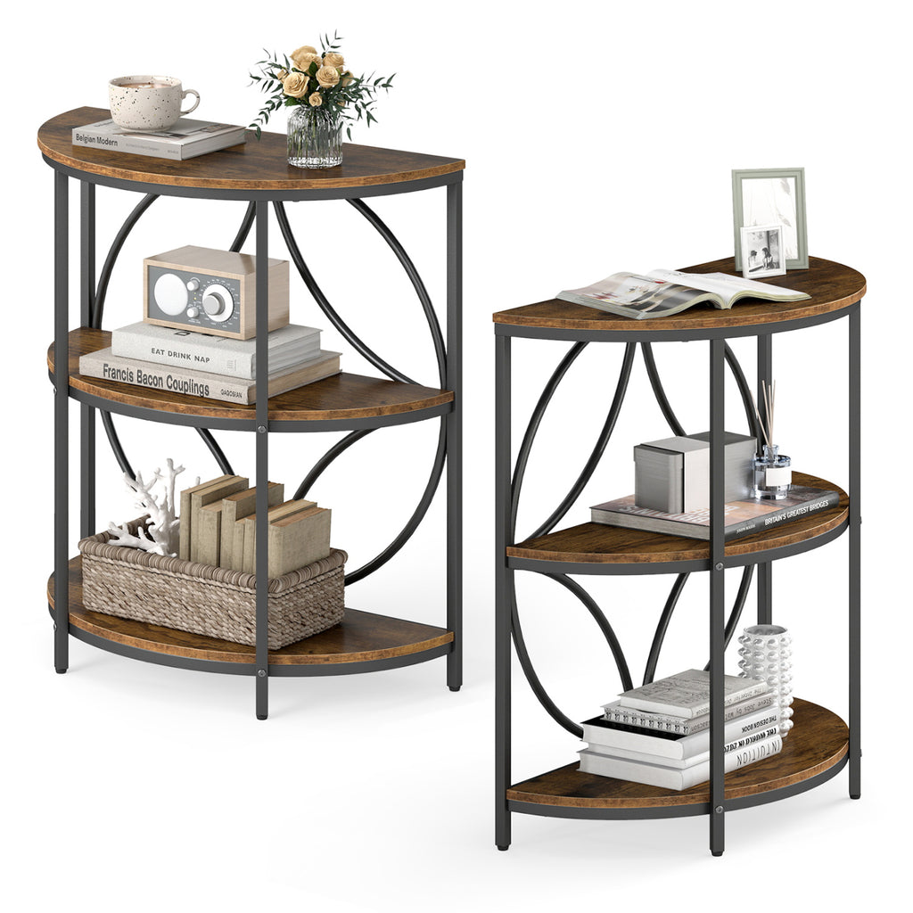 Set of 2 Narrow Side Tables with Metal Frame and Storage Shelves - Rustic Brown