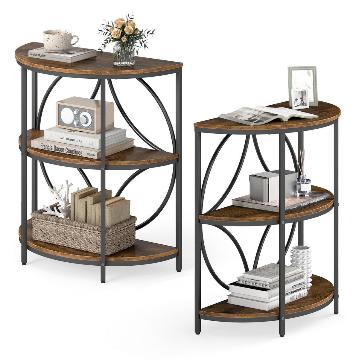 Set of 2 Narrow Side Tables with Metal Frame and Storage Shelves - Rustic Brown