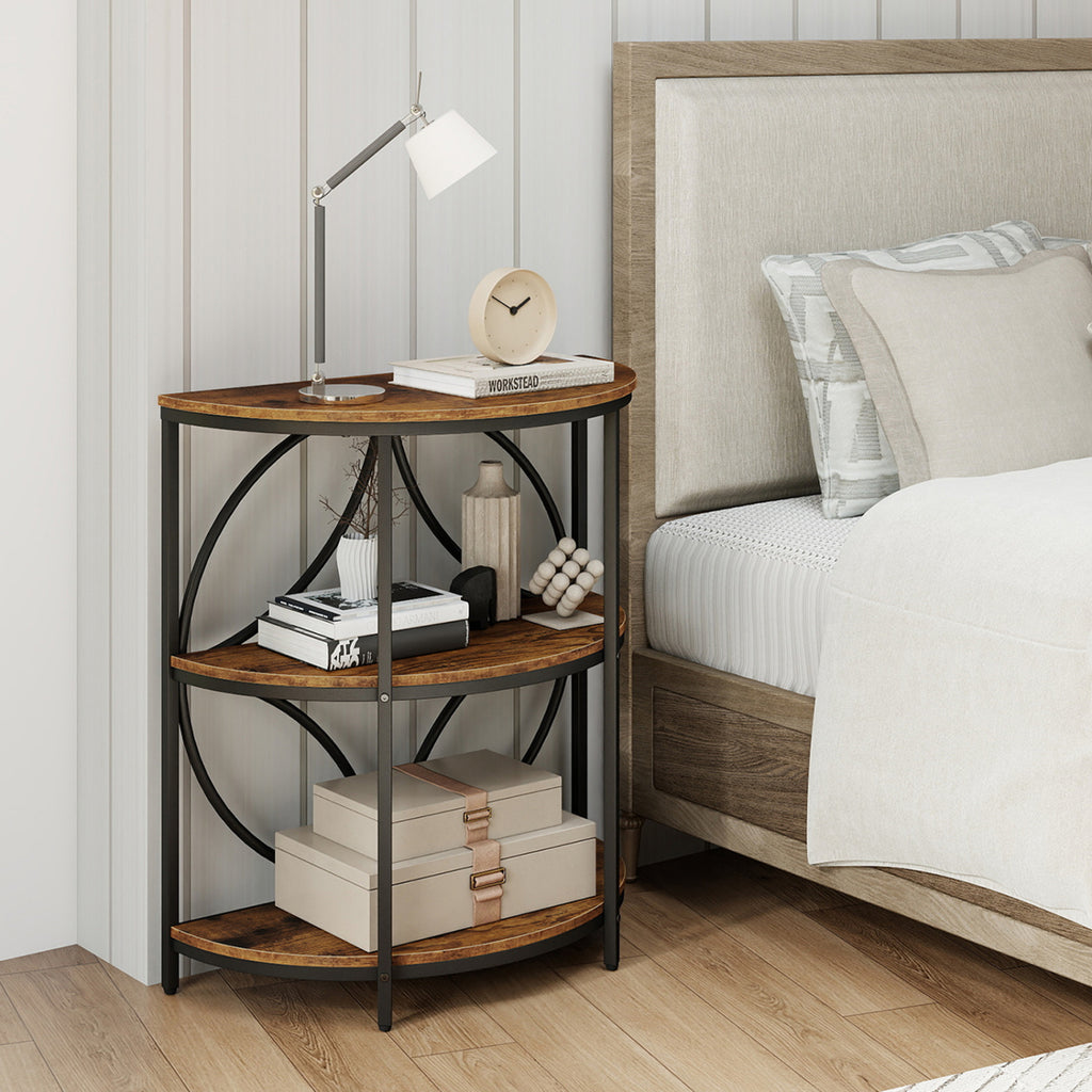 Set of 2 Narrow Side Tables with Metal Frame and Storage Shelves - Rustic Brown