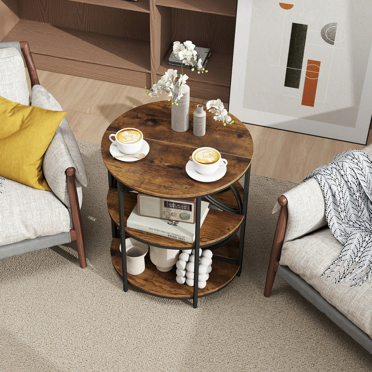 Set of 2 Narrow Side Table with Storage Shelves, Rustic Brown