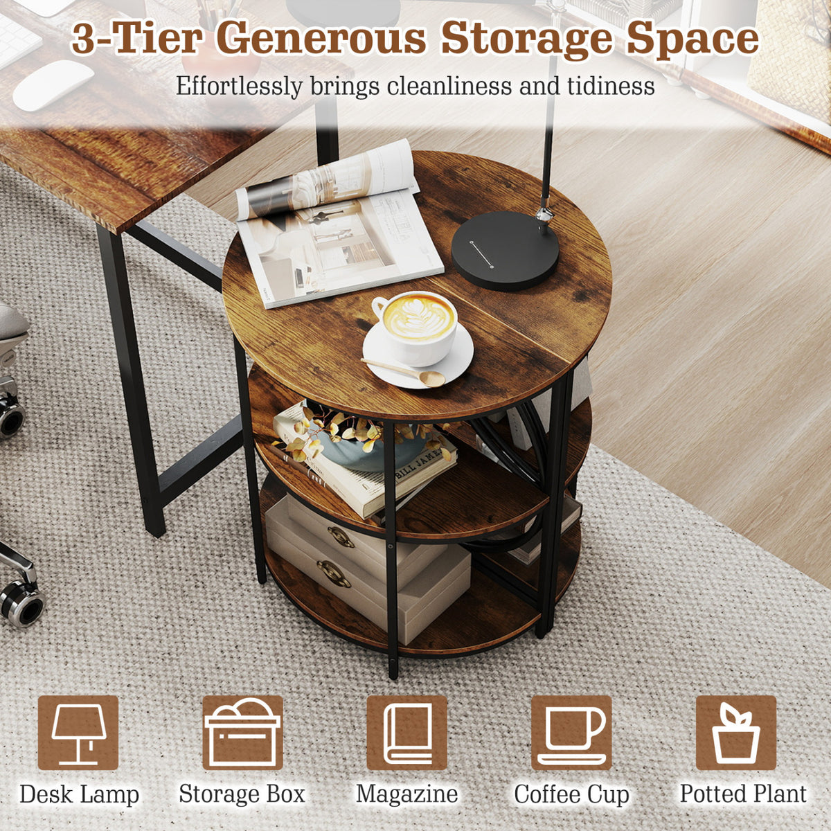 Set of 2 Narrow Side Tables with Metal Frame and Storage Shelves - Rustic Brown