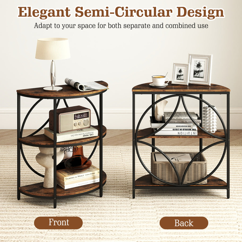 Set of 2 Narrow Side Tables with Metal Frame and Storage Shelves - Rustic Brown