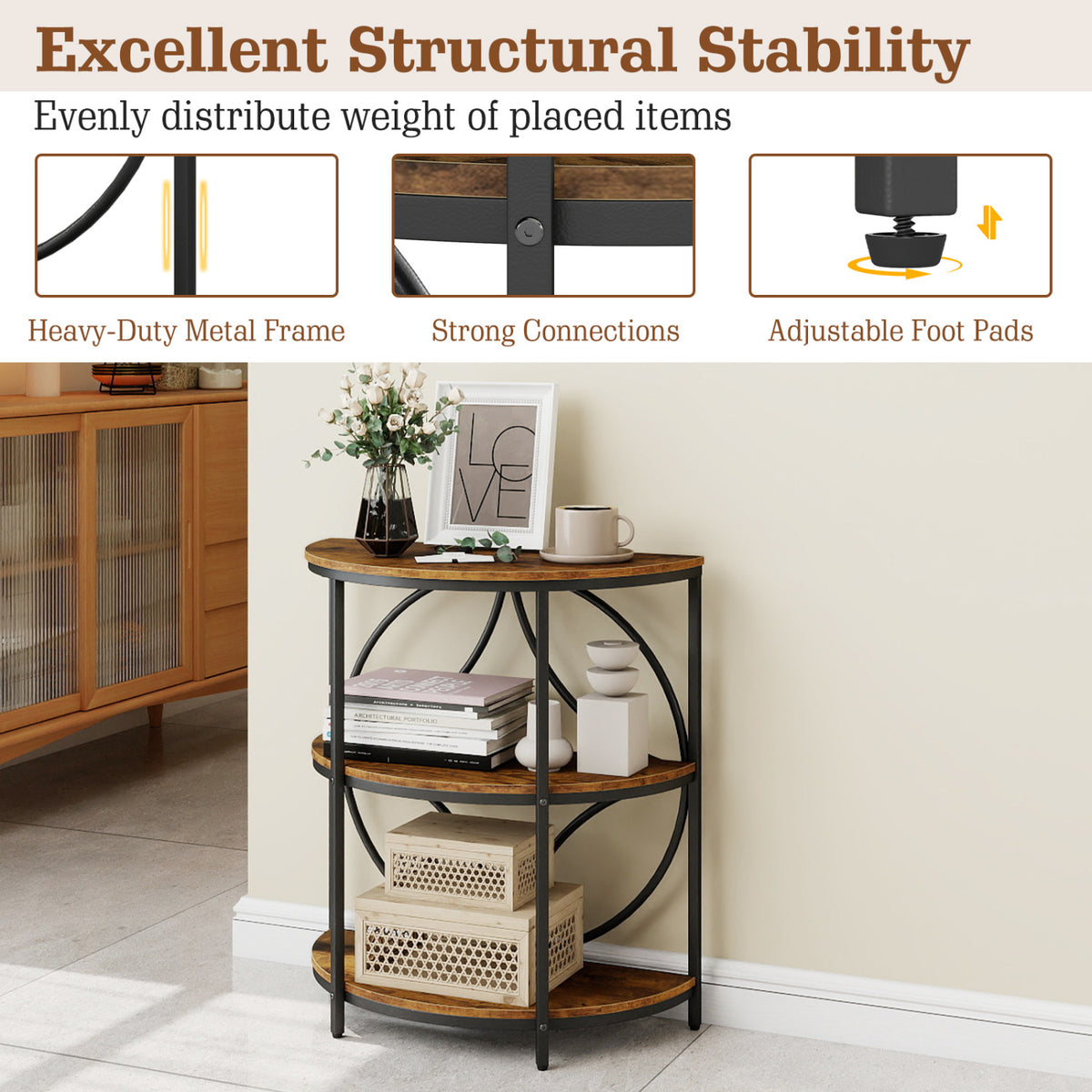 Set of 2 Narrow Side Table with Storage Shelves, Rustic Brown