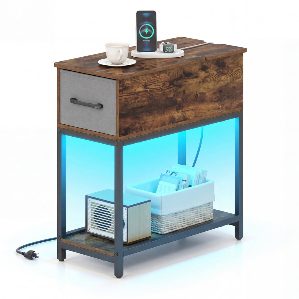 Narrow Side Table with Charging Station and LED Lights, Brown
