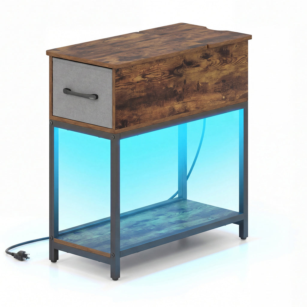 Narrow Side Table with Charging Station and LED Lights, Brown