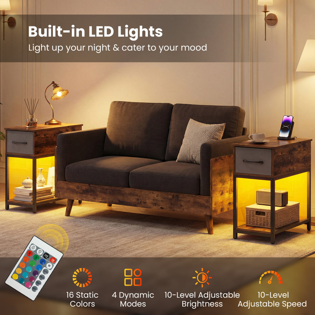 Narrow Side Table with Charging Station and LED Lights, Brown