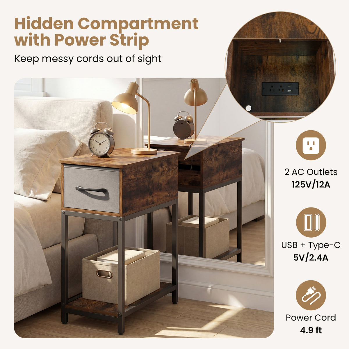 Narrow Side Table with Charging Station and LED Lights, Brown
