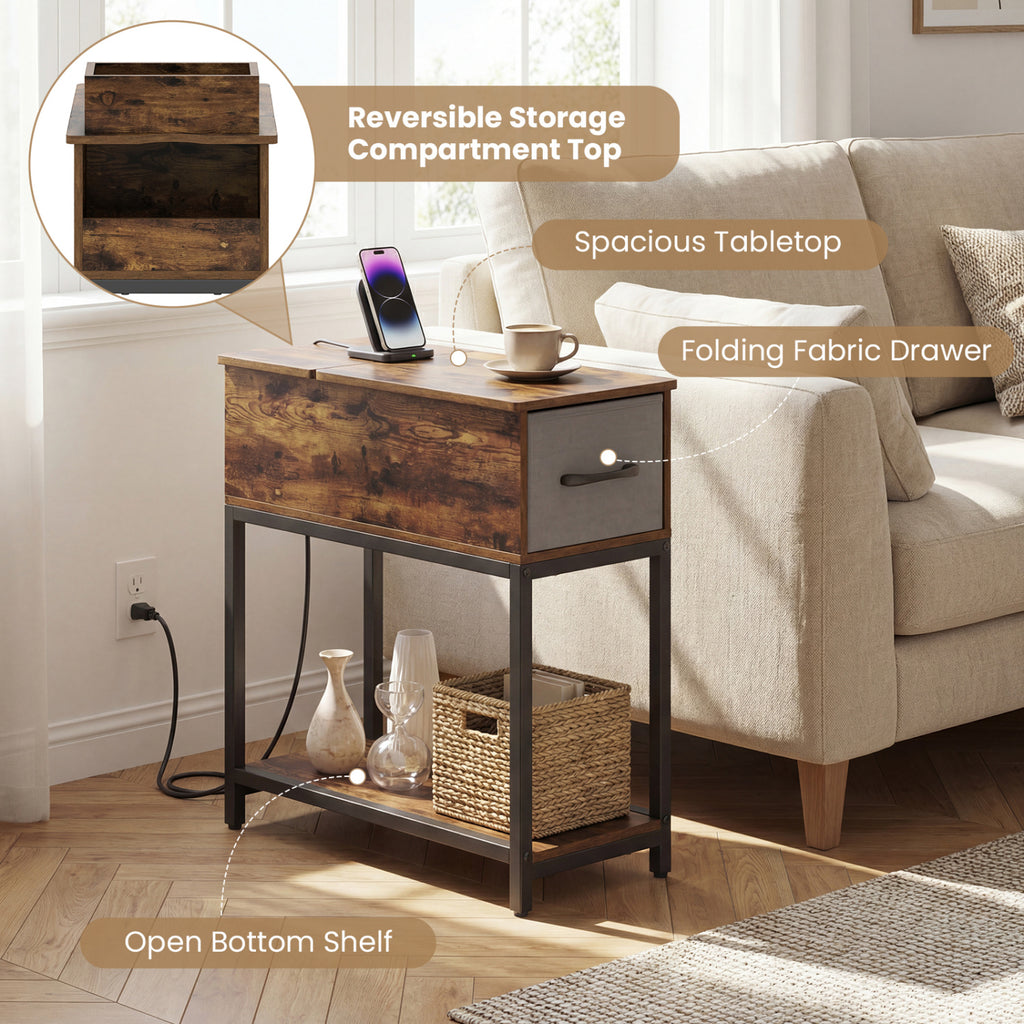 Narrow Side Table with Charging Station and LED Lights, Brown