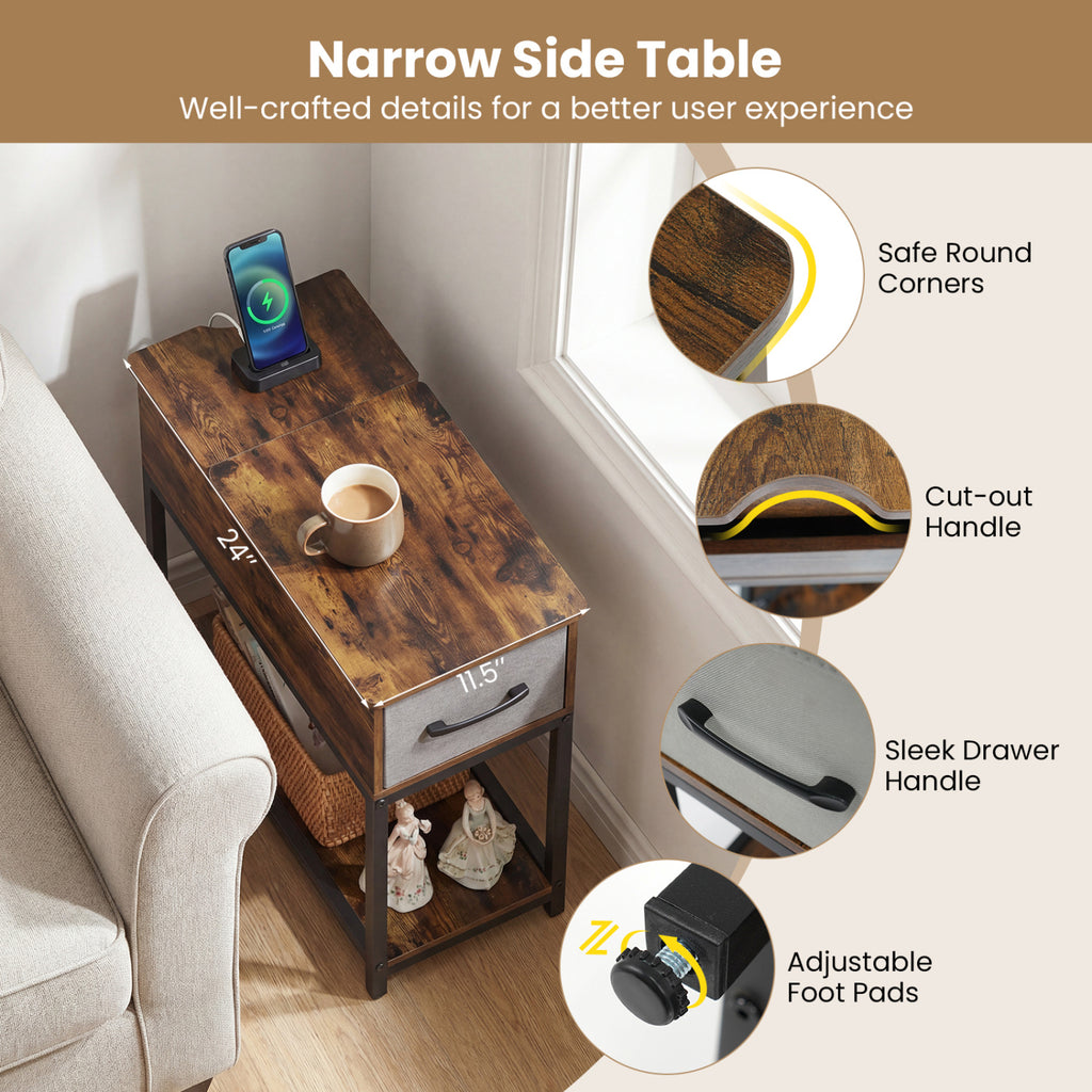 Narrow Side Table with Charging Station and LED Lights, Brown