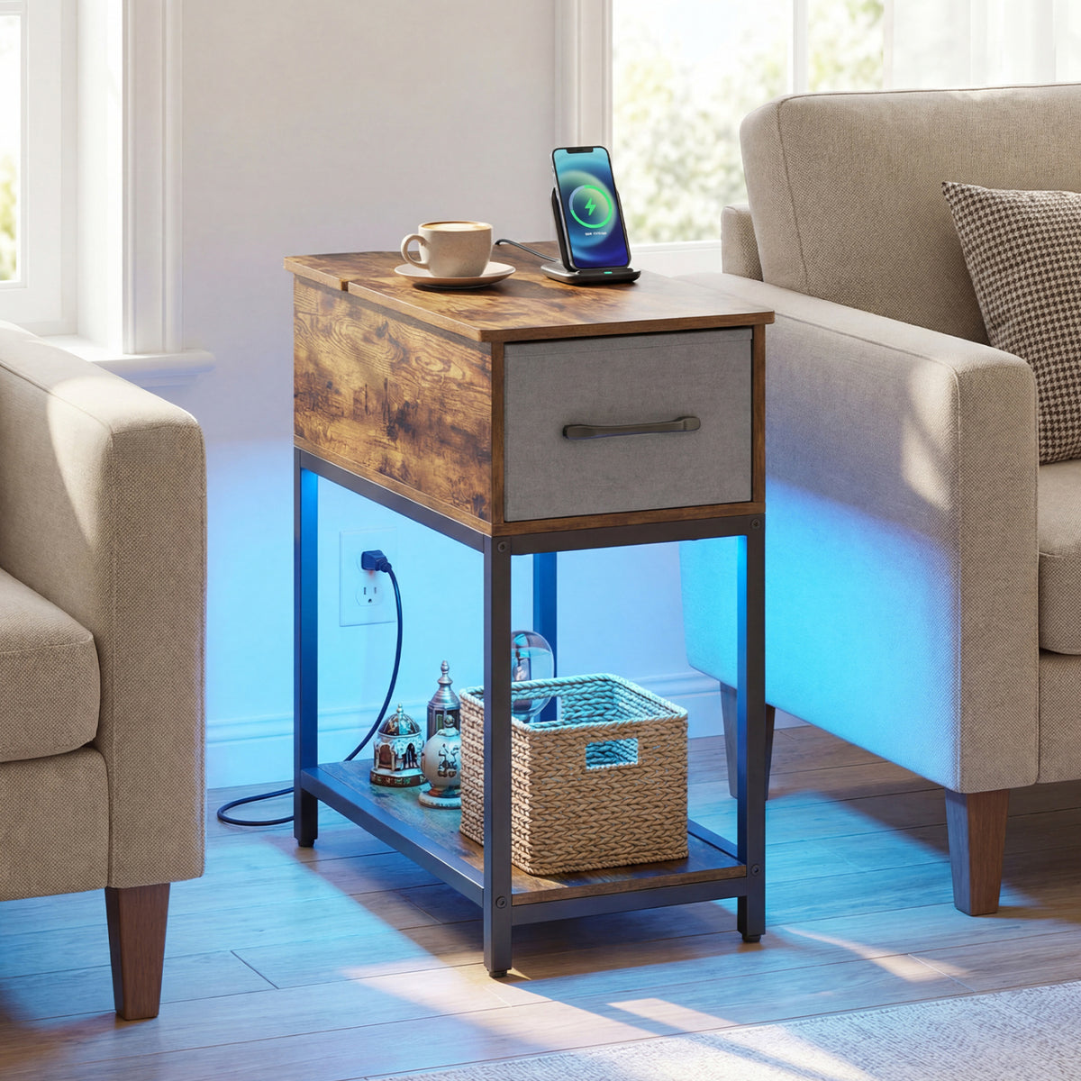 Narrow Side Table with Charging Station and LED Lights, Brown
