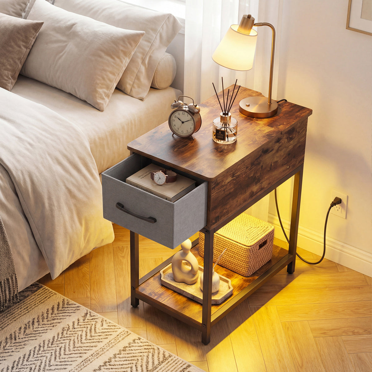 Narrow Side Table with Charging Station and LED Lights, Brown