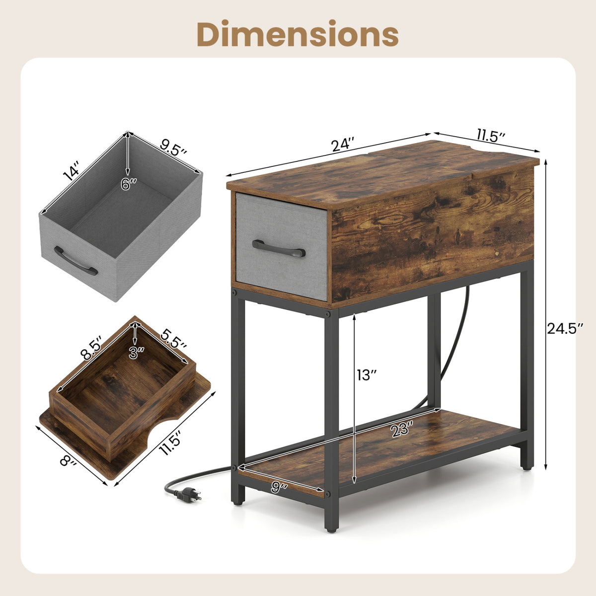 Narrow Side Table with Charging Station and LED Lights, Brown
