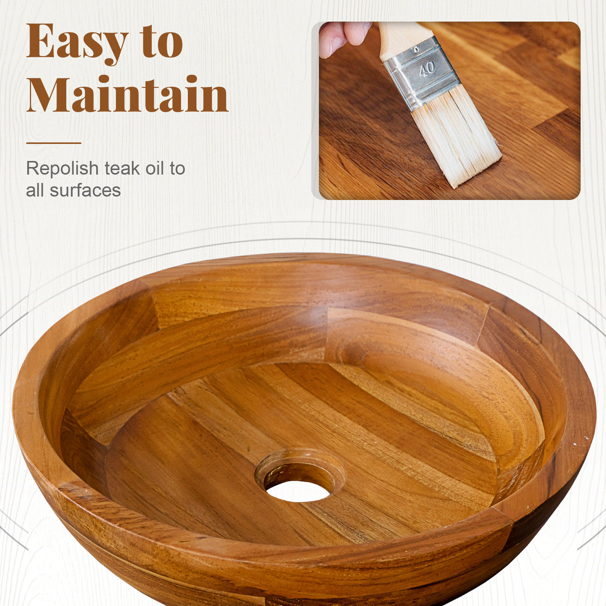 16 Inch Teak Wood Washbasin with Drainage Hole and Rounded Corners
