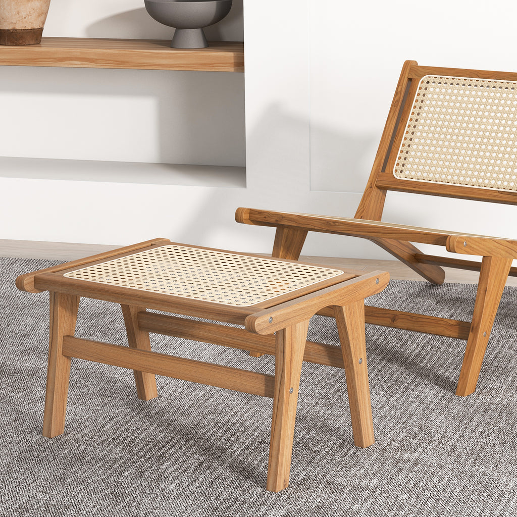 Natural Teak Wooden Foot Rest Ottoman – Handwoven Rattan
