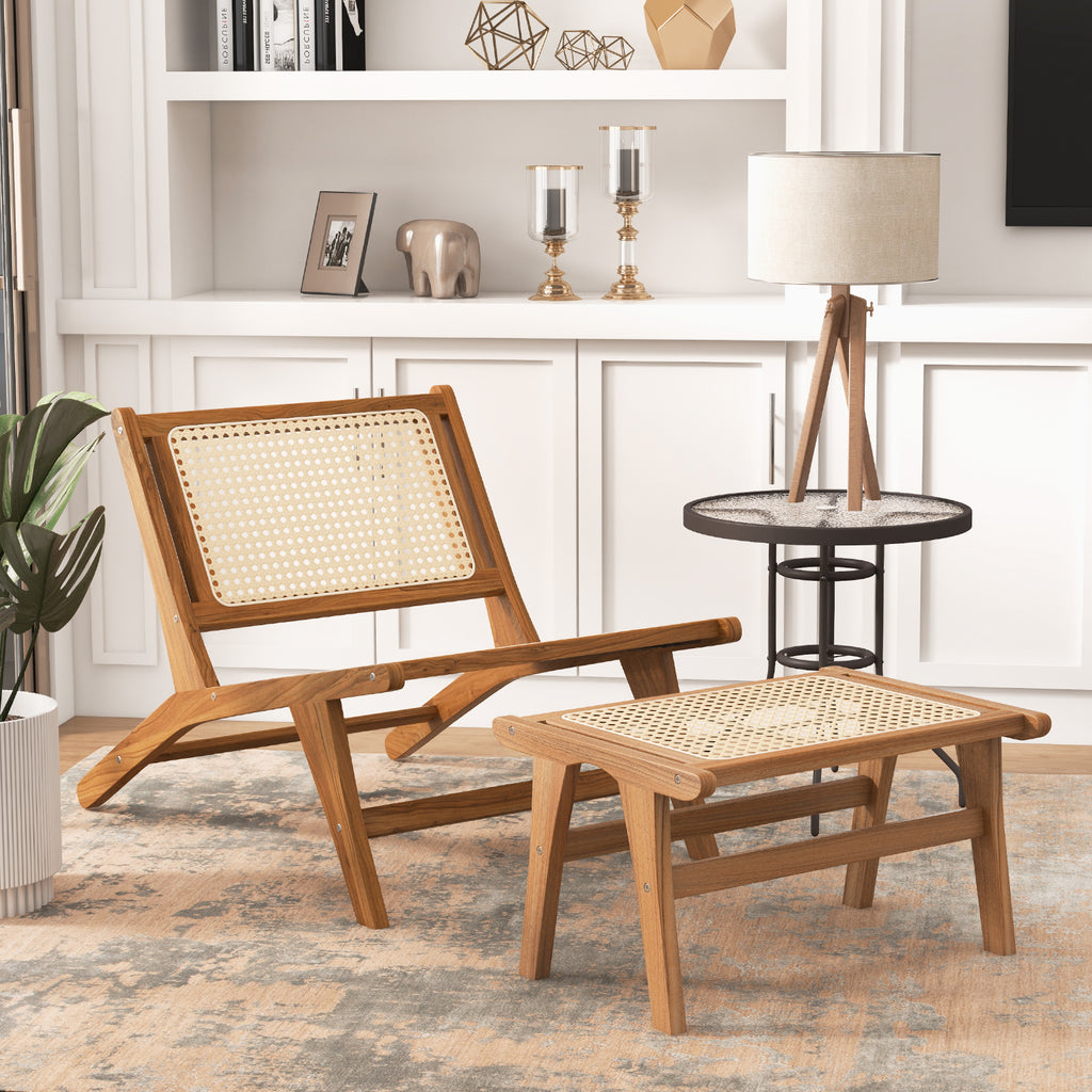 Natural Teak Wooden Foot Rest Ottoman – Handwoven Rattan