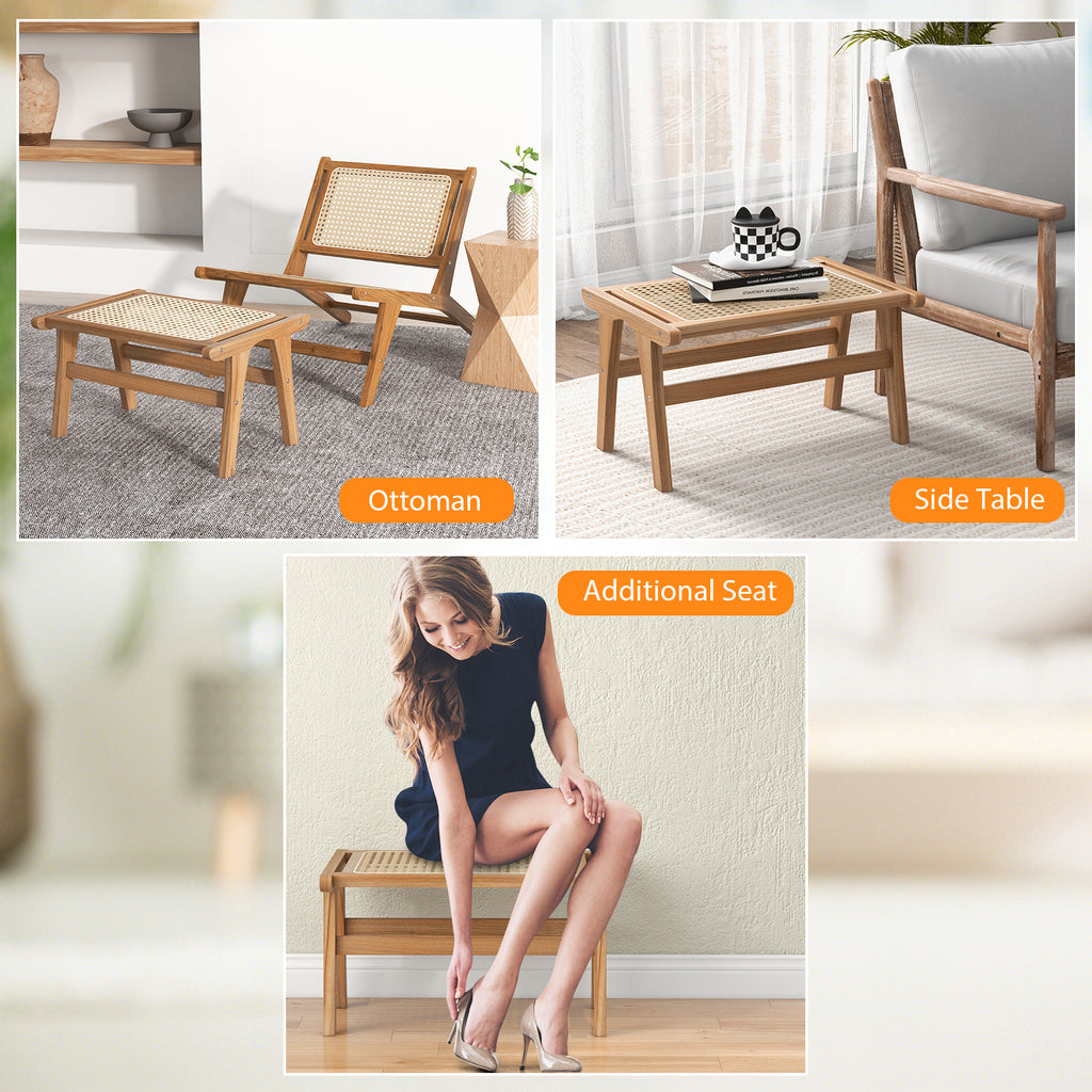 Natural Teak Wooden Foot Rest Ottoman – Handwoven Rattan