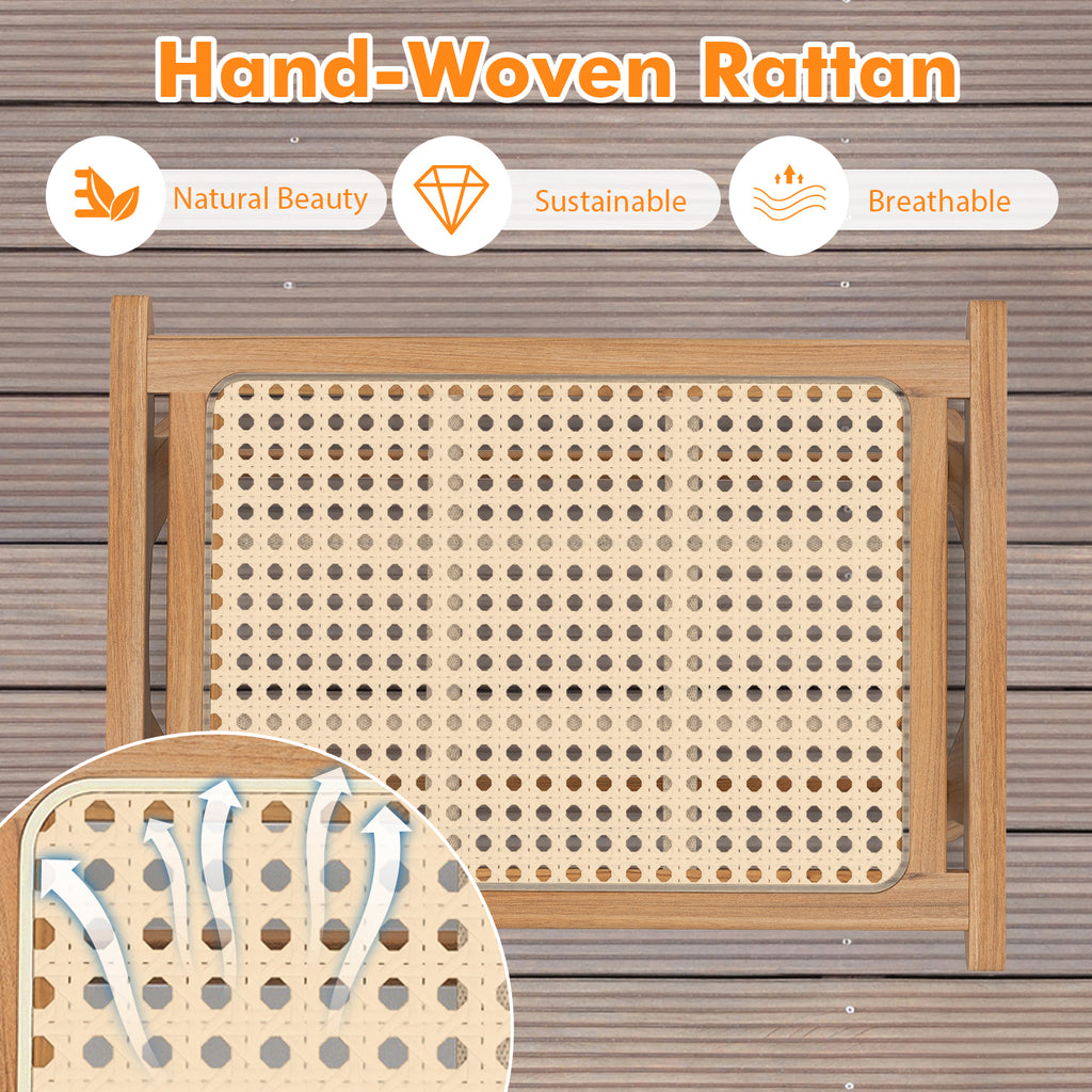 Natural Teak Wooden Foot Rest Ottoman – Handwoven Rattan