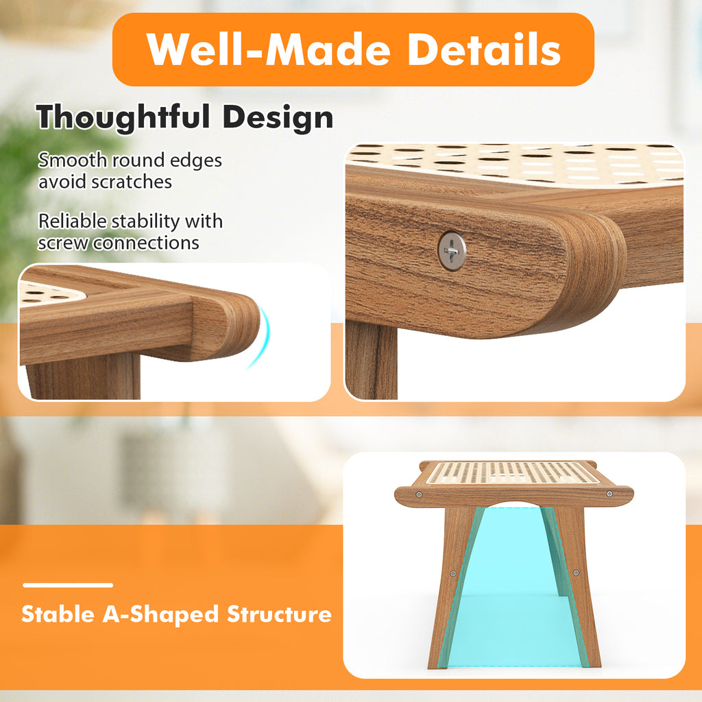 Natural Teak Wooden Foot Rest Ottoman – Handwoven Rattan