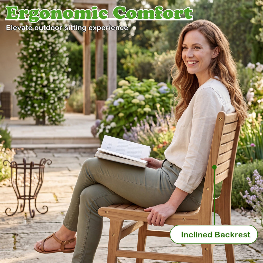 Natural Wood Armless Patio Chair with Slanted Back and Slatted Seat