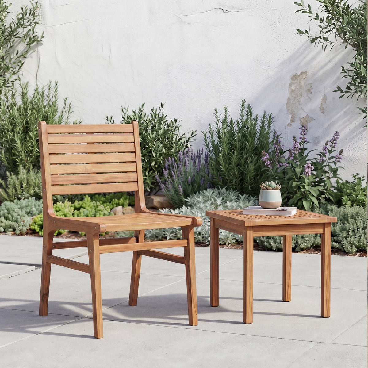 Natural Wood Armless Patio Chair with Slanted Back and Slatted Seat