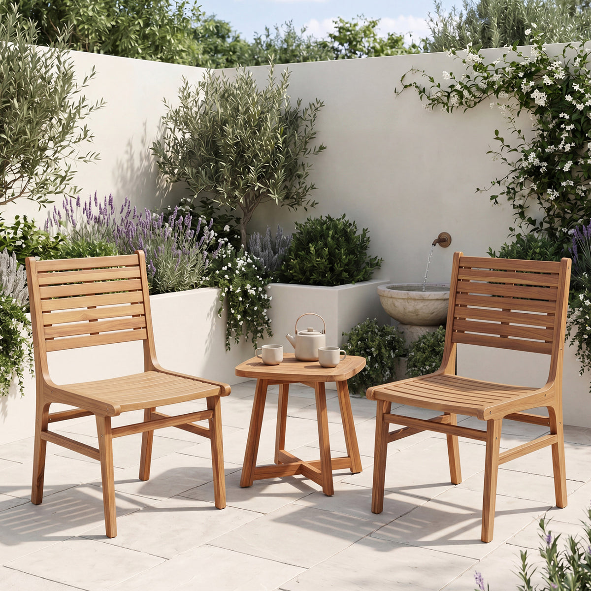 Natural Wood Armless Patio Chair with Slanted Back and Slatted Seat