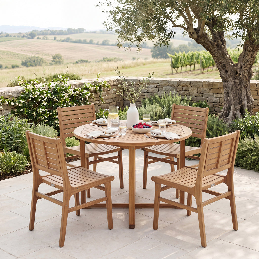 Natural Wood Armless Patio Chair with Slanted Back and Slatted Seat