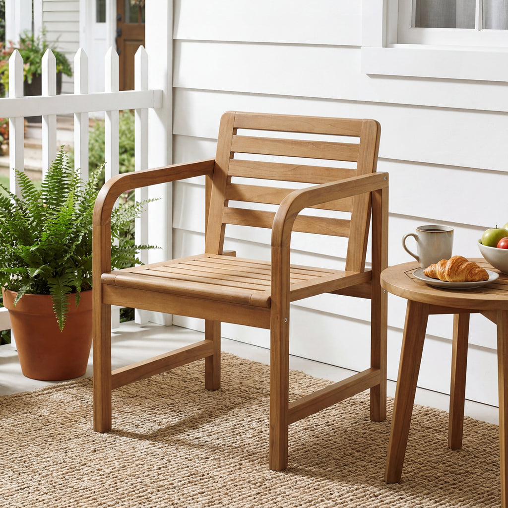 Natural Wood Patio Armchair with Slanted Back and Slatted Seat