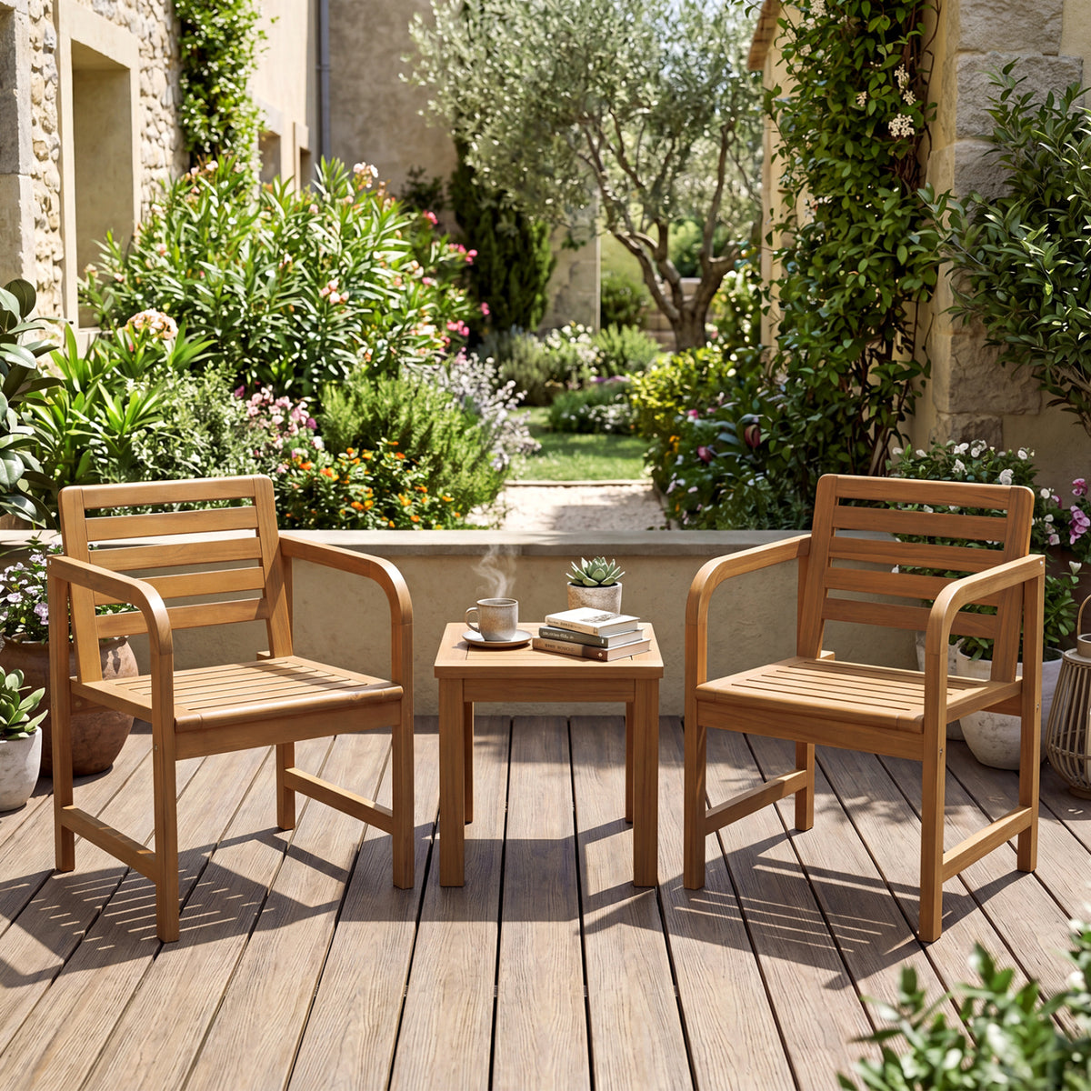 Natural Wood Patio Armchair with Slanted Back and Slatted Seat