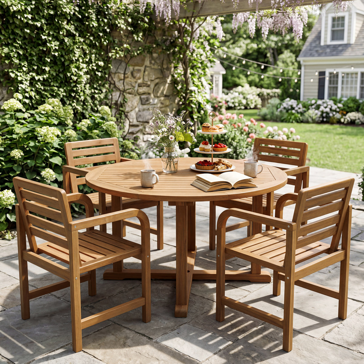 Natural Wood Patio Armchair with Slanted Back and Slatted Seat