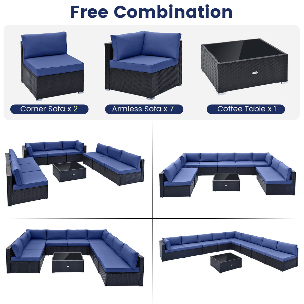 10-Piece Outdoor Wicker Conversation Set - Navy
