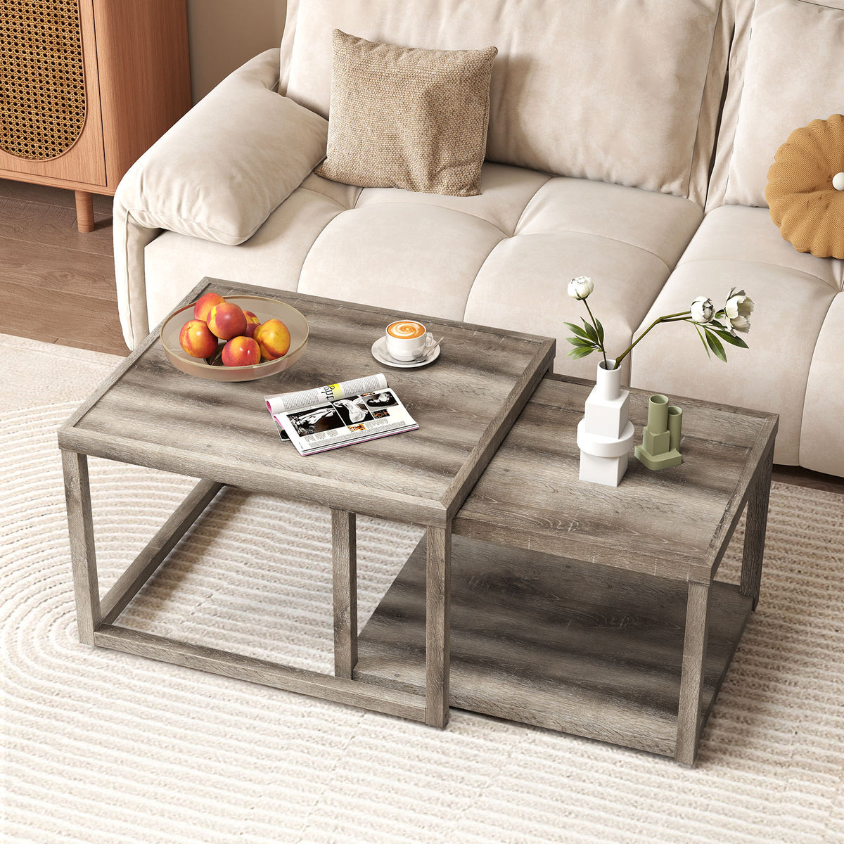 Nesting Coffee Table Set of 2, Gray - Stackable Wood End Tables