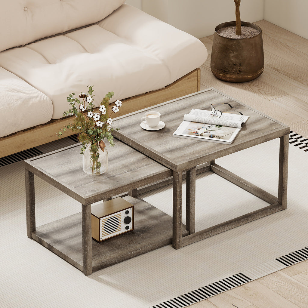Nesting Coffee Table Set of 2, Gray - Stackable Wood End Tables