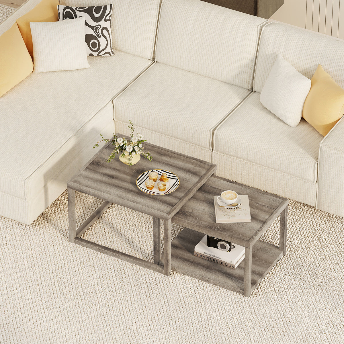 Nesting Coffee Table Set of 2, Gray - Stackable Wood End Tables