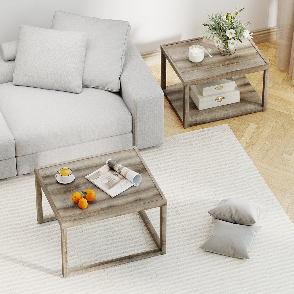 Nesting Coffee Table Set of 2, Gray - Stackable Wood End Tables
