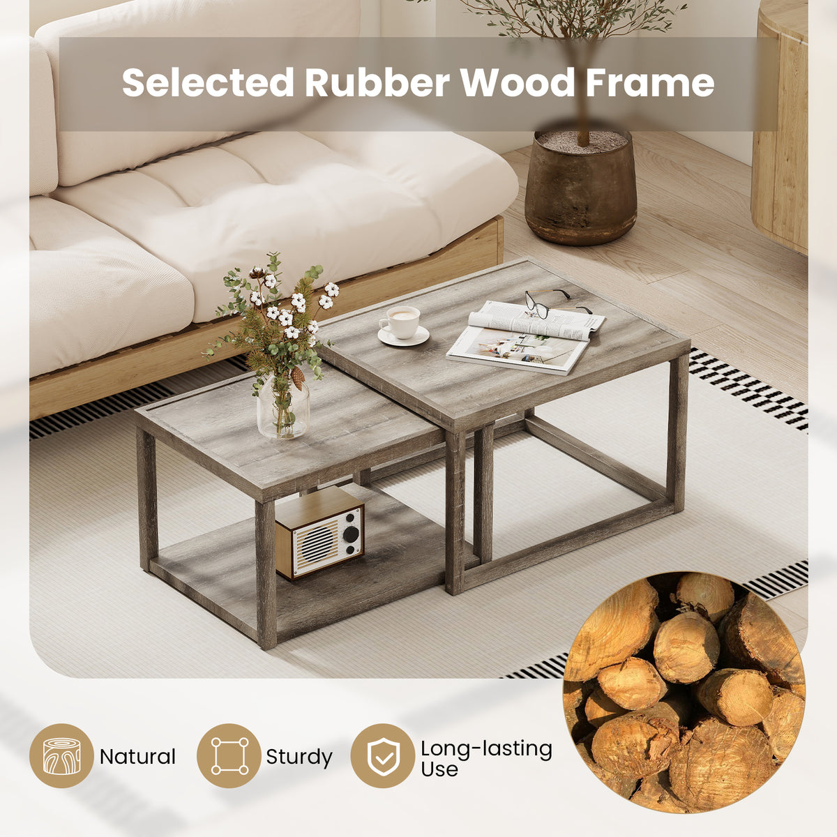 Nesting Coffee Table Set of 2, Gray - Stackable Wood End Tables